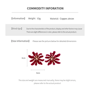 Detail specifications of red flocked flower earrings with copper and zircon materials