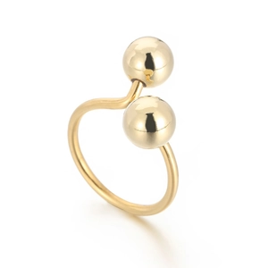Bague ouverte minimaliste en acier inoxydable avec deux boules dorées sur fond blanc