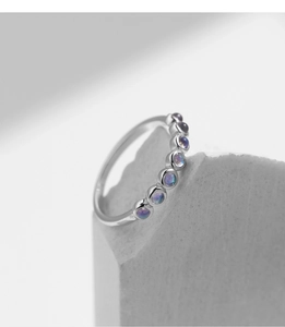 Macro detail of S925 sterling silver ring with moonlight stones on geometric stone base