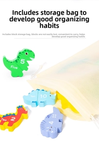 Close-up of wooden dinosaur building blocks with numbers and a mesh storage bag