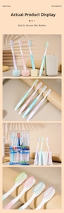 Detail of four soft-bristled toothbrushes in pastel colors with ergonomic non-slip handles