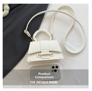 Mini white pebble leather handbag shown next to a smartphone to demonstrate its compact size