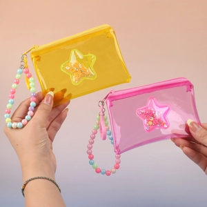 Porte-monnaie en PVC rose et jaune à paillettes étoiles avec bracelets en perles