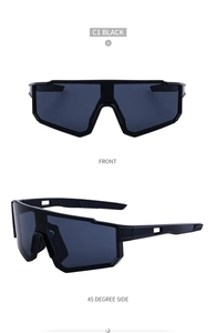Front and side view of black matte sports cycling sunglasses with wide lenses