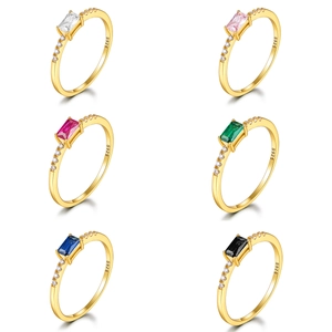 S925 sterling silver ring with colorful rectangular zirconia stones and gold finish
