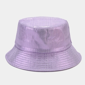 Iridescent purple metallic bucket hat with pleated texture and shiny reflective surface
