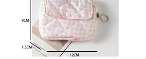 Mini pink checkered storage pouch showing precise dimensions of 12x9x1.5 cm for daily use