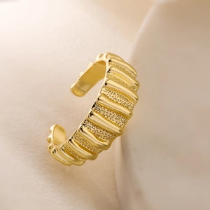Minimalist 18K gold plated geometric open ring with textured spiral metallic finish