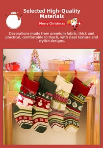 Close-up of four knitted Christmas stockings with reindeer, snowman and snowflake patterns