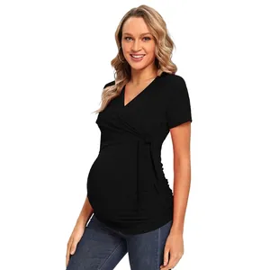 Umstandsmode Kurzarm Oberteil V-Ausschnitt Wickelstil Gerafftes Baumwollmischung T-Shirt Für Schwangere Frauen