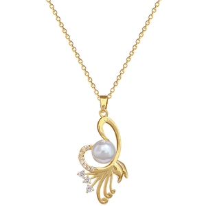 Elegant gold titanium steel necklace with a pearl pendant and sparkling crystals
