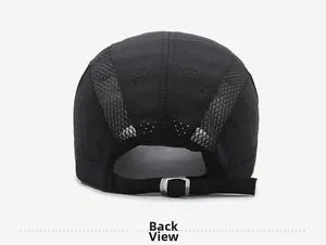 Detail view of the black sports cap with breathable mesh and adjustable metal buckle