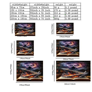 Detailed size chart for Halloween tapestry showing dimensions from 95x73cm up to 230x180cm