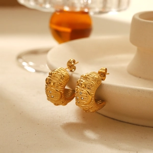 Retro 18K gold plated C-shaped stainless steel earrings with star and moon zircon details