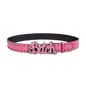 Pink punk rivet leather belt with sparkling Bitch letter buckle for women fashion