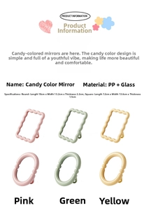 Detailed specs for candy-colored desktop mirrors in wave rectangle and oval shapes