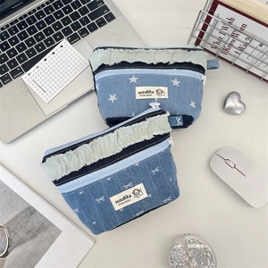 Minimalist denim patchwork storage bags with star and bow patterns for makeup and coins