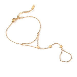 18K gold plated stainless steel hand chain bracelet with three star charms and ring link