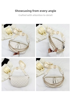 Detail view of white quilted leather belt bag with gold chain trim and wide strap