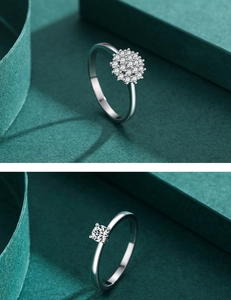 Detail of S925 silver rings with flower-shaped and classic single solitaire zircon