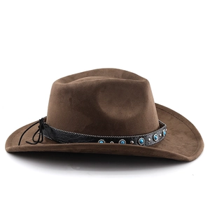 Detailed close-up of brown western cowboy hat with turquoise beads and crocodile band