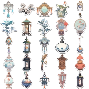 Detail of 25 vintage Chinese style stickers featuring lanterns, screens and floral vases