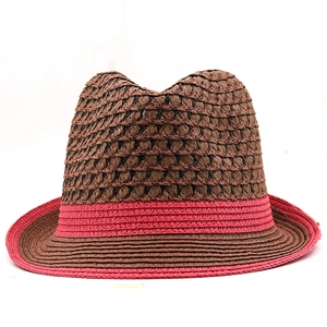 British style hollow straw fedora hat in brown and pink woven design for sun protection