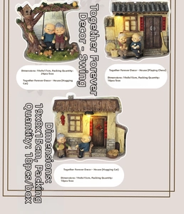 Detailed views of resin elder couple figurines including swing and chess playing scenes