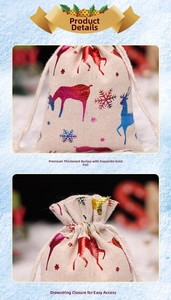 Detail of Christmas burlap drawstring gift bag featuring gold stamped reindeer patterns