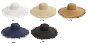 Close-up of five color options for the frayed edge wide brim bohemian straw sun hat