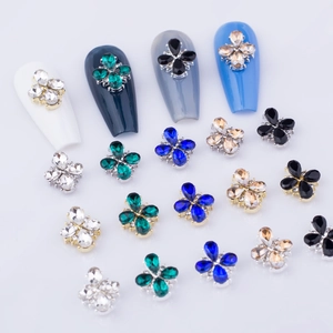 3D flower nail art charms with colorful teardrop rhinestones on gold and silver bases