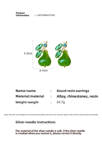 Detail view of green gourd resin earrings with blue rhinestones and size measurements