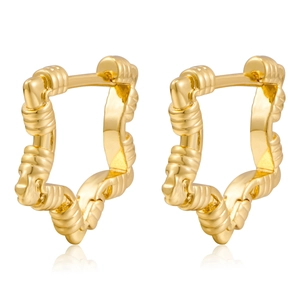 Detail shot of golden star hoop earrings with intricate twisted rope texture surface