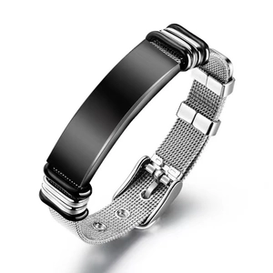 Men's mesh bracelet in silver and black stainless steel with adjustable buckle strap