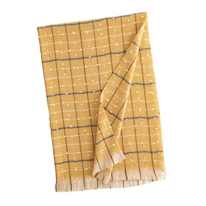 Classic Maillard plaid tassel scarf in yellow with brown blue checks and white dots