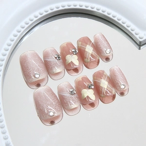 Handmade Cat Eye Press On Nails Pink Gold Butterfly Rhinestone Plaid Design ABS Plastic False Nails For Women