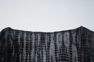 Detail of black mesh fabric with crocodile skin texture and hollowed-out neck design