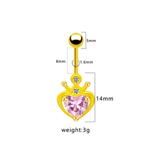 Tableau des tailles du piercing de nombril doré avec cœur rose et couronne