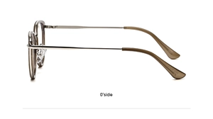 Side view of cat-eye eyewear showing grey-brown frame and slim silver metal temples