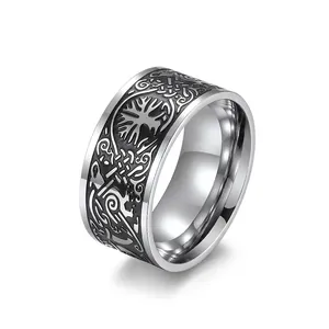 Viking Tree Of Life Stainless Steel Ring Vintage Norse Mythology Odin Raven Celtic Knot Punk Band Jewelry For Men Women
