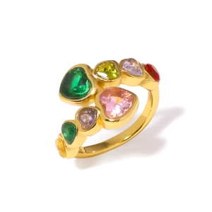 French romantic style 18K gold plated ring with asymmetric colorful heart-shaped zircons