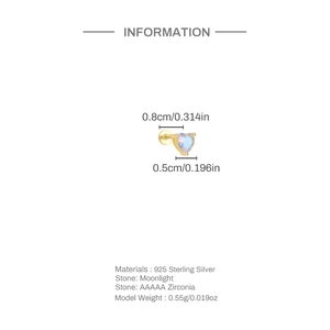 Detailed dimensions and specifications for 925 sterling silver heart moonstone stud earring