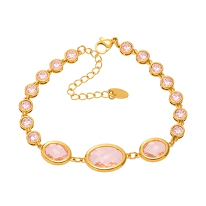 Gold stainless steel anklet with pink Czech glass stones on a white background