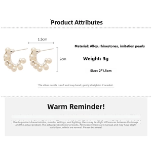 Detail view of pearl and rhinestone C-shaped earrings with size specifications 2x1.5cm