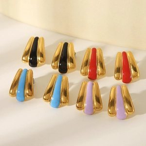 Fashion 18k gold plated stainless steel fan earrings with colorful enamel insets