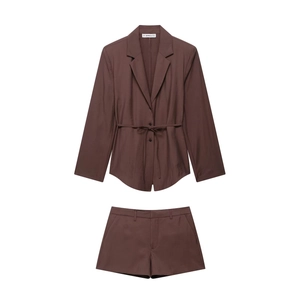 Women Blazer And Shorts Outfit Belted Waist Solid Color Streetwear Casual Woven Polyester