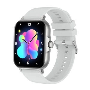 GT50 Smart Watch with silver metal case and white silicone strap showing abstract dial