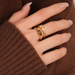 Retro 18k gold plated double-layer open rings with tiger eye stone and zircon crystals