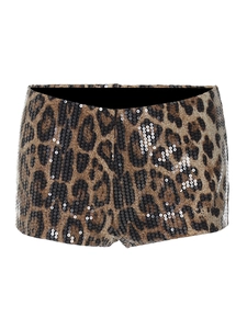 Mini short sexy à paillettes léopard avec taille élastique noire sur fond blanc pur