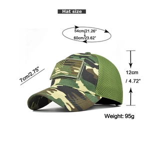 Detail showing tactical camo cap dimensions and mesh back for outdoor sports